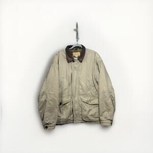 St. John’s Bay Plaid Lined Jacket Men’s Large Khaki Leather Collar Coat